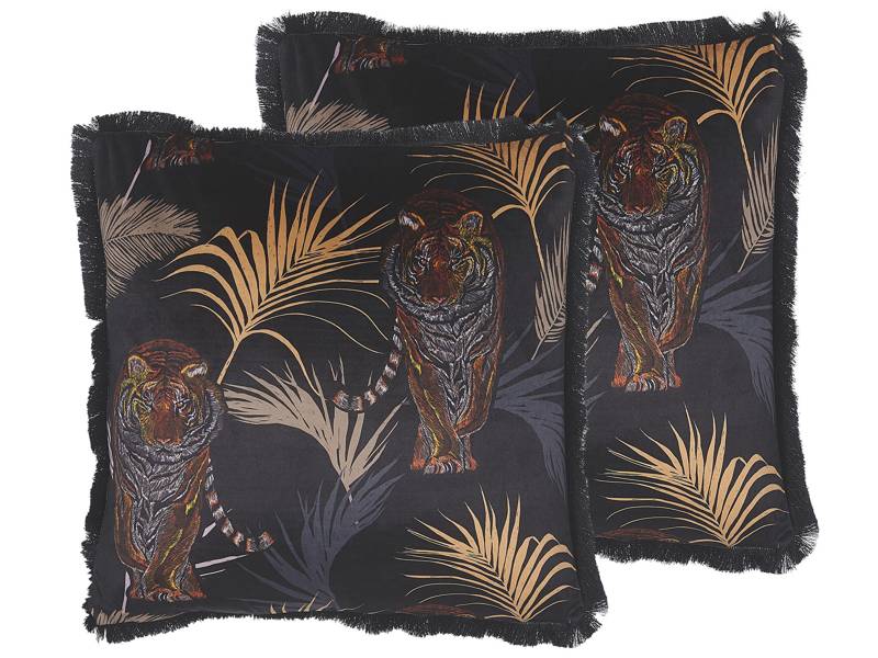 Set of 2 Decorative Cushions Black Animal Print 45 x 45 cm Tiger Motif Modern Glamour Decor Beliani