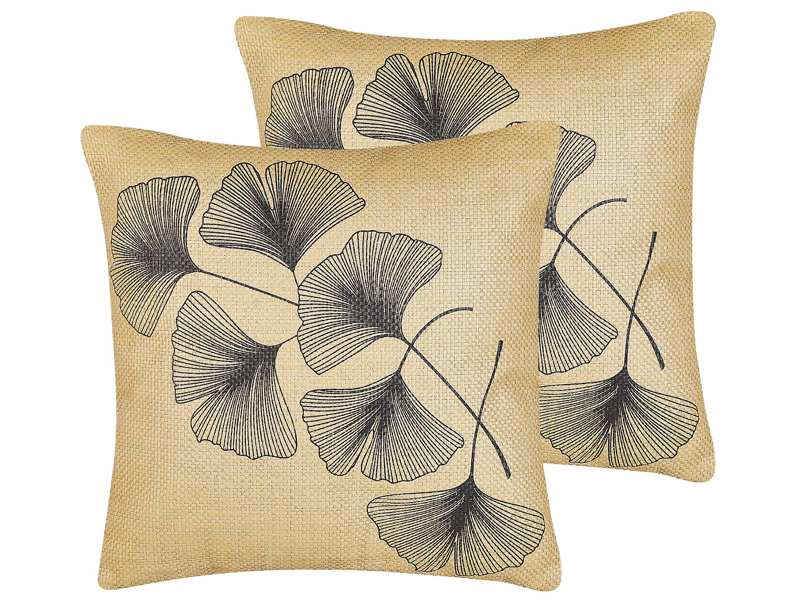 Set of 2 Decorative Cushions Beige Leaves Print 45 x 45 cm Nature Inspired Motif Modern Glamour Decor Accessories Beliani