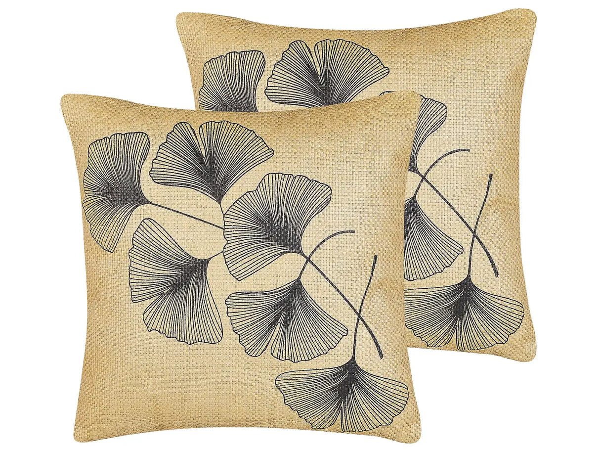Set of 2 Decorative Cushions Beige Leaves Print 45 x 45 cm Nature Inspired Motif Modern Glamour Decor Accessories Beliani