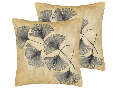 Set of 2 Decorative Cushions Beige Leaves Print 45 x 45 cm Nature Inspired Motif Modern Glamour Decor Accessories Beliani