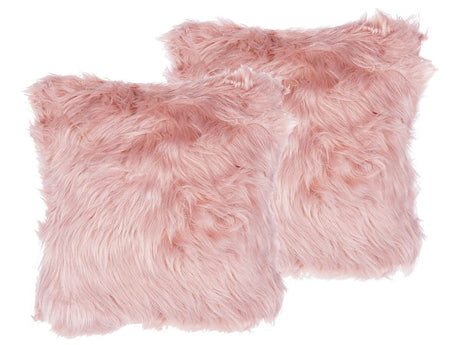 Set of 2 Decorative Cushions Pink Faux Fur Shaggy 42 x 42 cm One Sided Decor Accessories Beliani