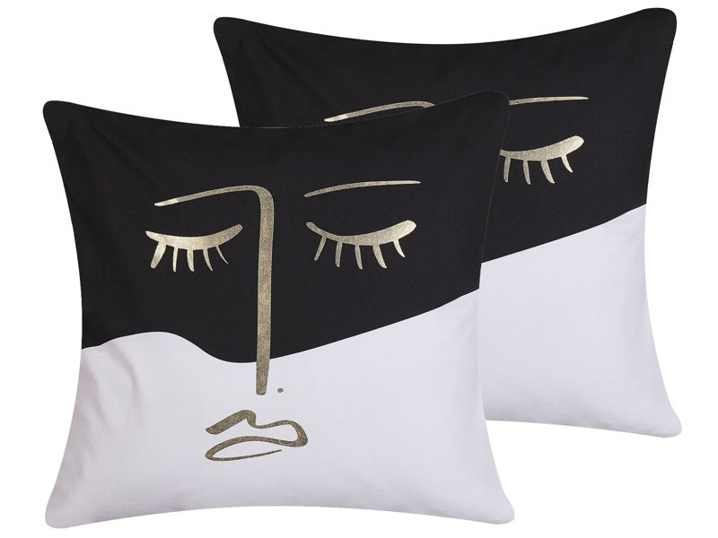 Set of 2 Decorative Cushions Black and White 45 x 45 cm Face Motif Square Throw Pillow Home Soft Accessory Beliani