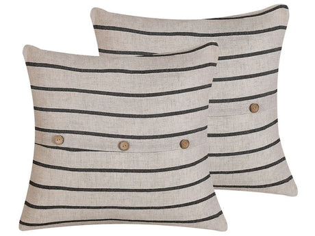 Set of 2 Decorative Cushions Beige and Black 43 x 43 cm Stripped Buttons Square Modern Décor Beliani