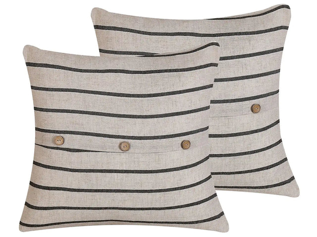 Set of 2 Decorative Cushions Beige and Black 43 x 43 cm Stripped Buttons Square Modern Dcor Beliani