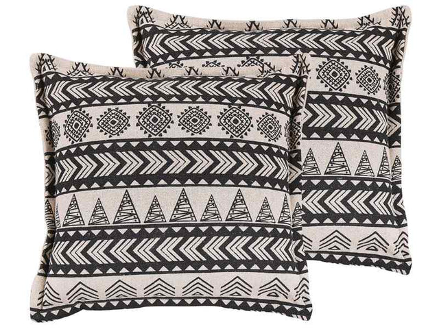 Set of 2 Cushions Beige and Black Cotton Cover with Filling Square 45 x 45 cm Boho Rustic Pattern Decorative Beliani