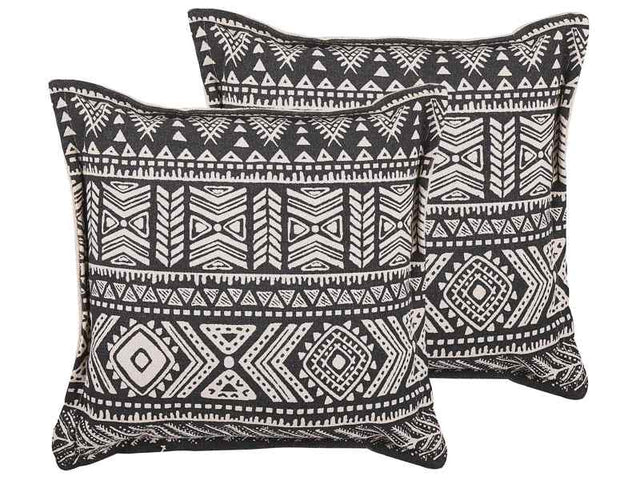 Set of 2 Cushions Black and Beige Cotton Cover Pillow with Filling Square 45 x 45 cm Boho Pattern Decoration Beliani