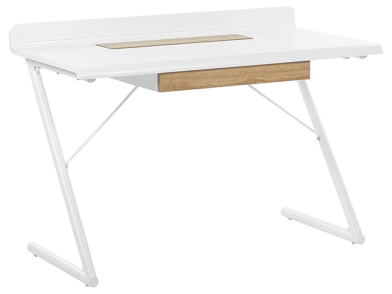 Home Office Desk White and Light Wood MDF 120 x 60 cm with 1 Drawer Metal Legs Scandinavian Design Beliani