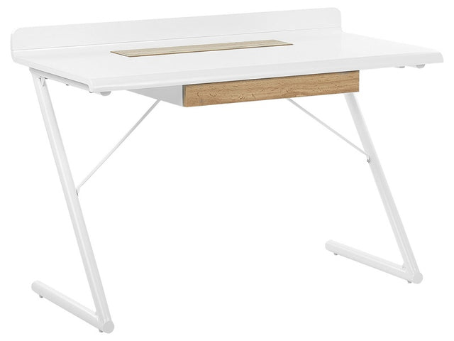 Home Office Desk White and Light Wood MDF 120 x 60 cm with 1 Drawer Metal Legs Scandinavian Design Beliani