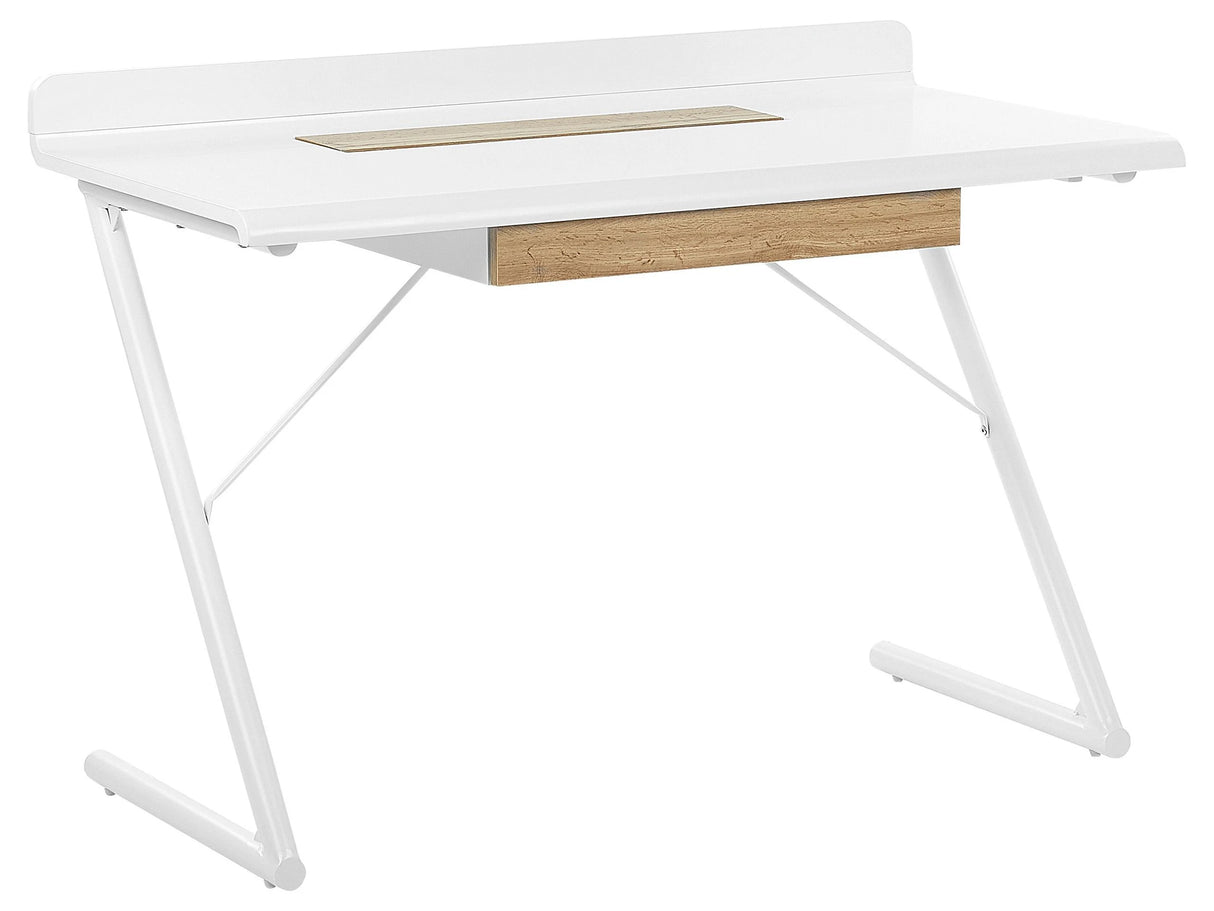 Home Office Desk White and Light Wood MDF 120 x 60 cm with 1 Drawer Metal Legs Scandinavian Design Beliani