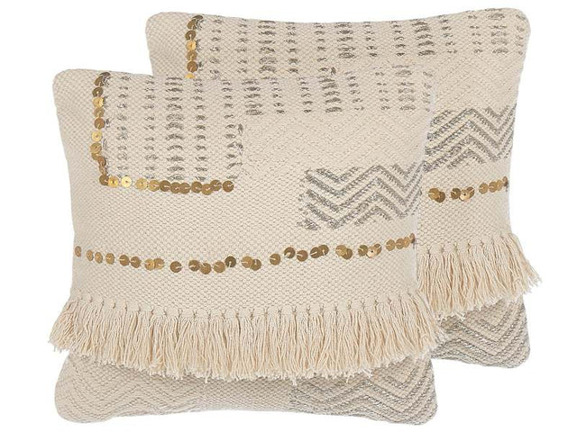 Set of 2 Decorative Cushions Beige 45 x 45 cm with Tassels Boho Retro Decor Accessories Beliani