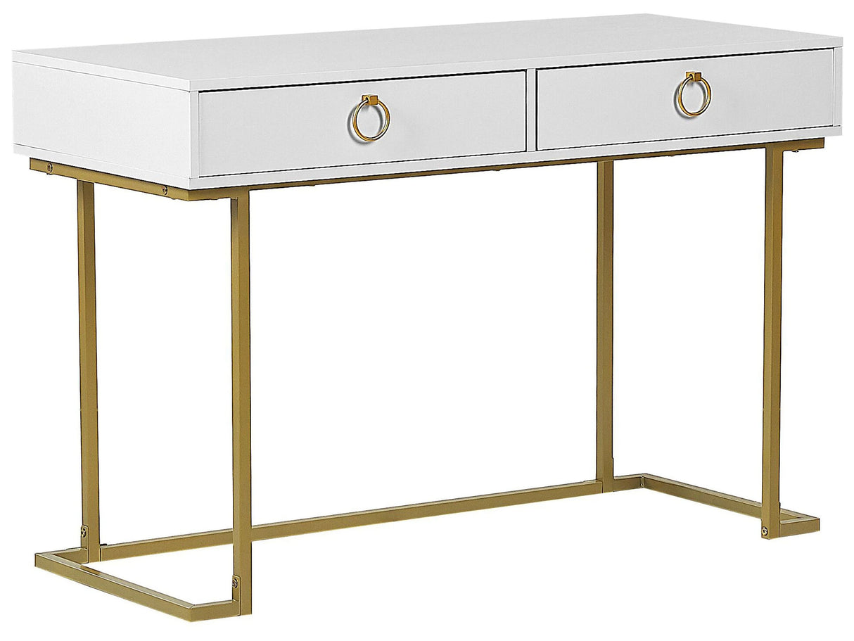 Console Table White 2 Drawers with Ring Pull Handles Gold Metal Base 115 x 50 cm Home Office Desk Living Room Accent Table Bedroom Dresser Glam Style Beliani