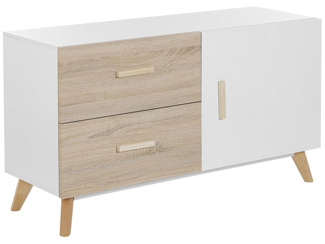 Sideboard White and Light Wood MDF 2 Drawers Shelves Cabinet Wooden Legs Storage Living Room Beliani