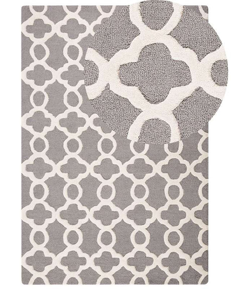 Rug Grey Wool 140 x 200 cm Trellis Quatrefoil Pattern Hand Tufted Oriental Moroccan Clover Beliani