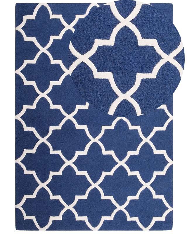 Area Rug Blue Wool 160 x 230 cm Trellis Quatrefoil Pattern Hand Tufted Oriental Moroccan Clover Beliani