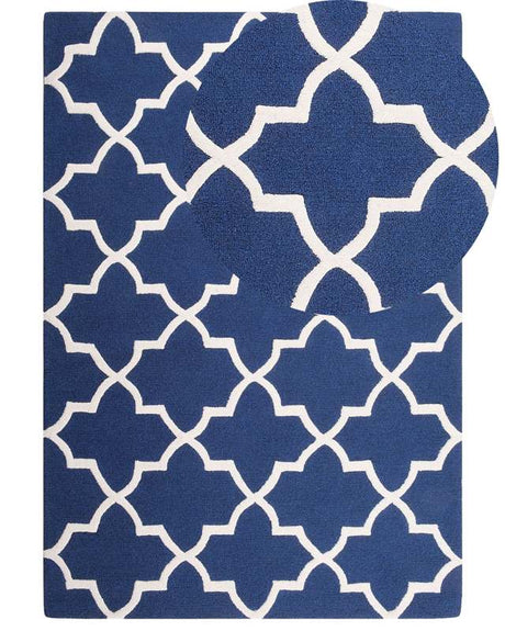 Area Rug Blue Wool 140 x 200 cm Trellis Quatrefoil Pattern Hand Tufted Oriental Moroccan Clover Beliani