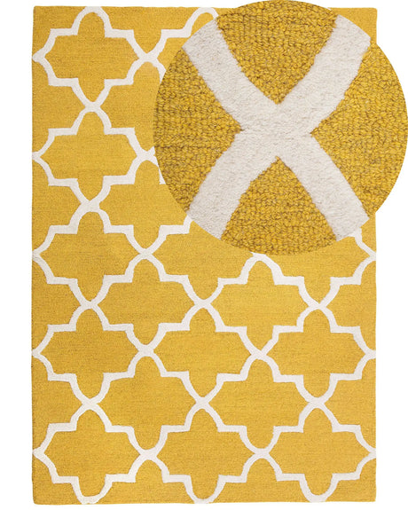 Area Rug Yellow Wool 160 x 230 cm Trellis Quatrefoil Pattern Hand Tufted Oriental Moroccan Clover Beliani
