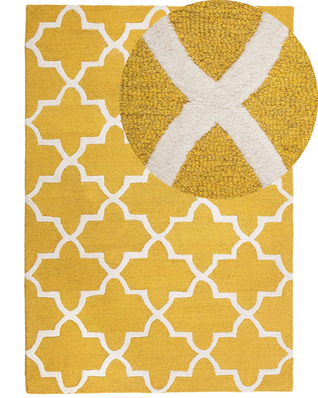 Area Rug Yellow Wool 160 x 230 cm Trellis Quatrefoil Pattern Hand Tufted Oriental Moroccan Clover Beliani