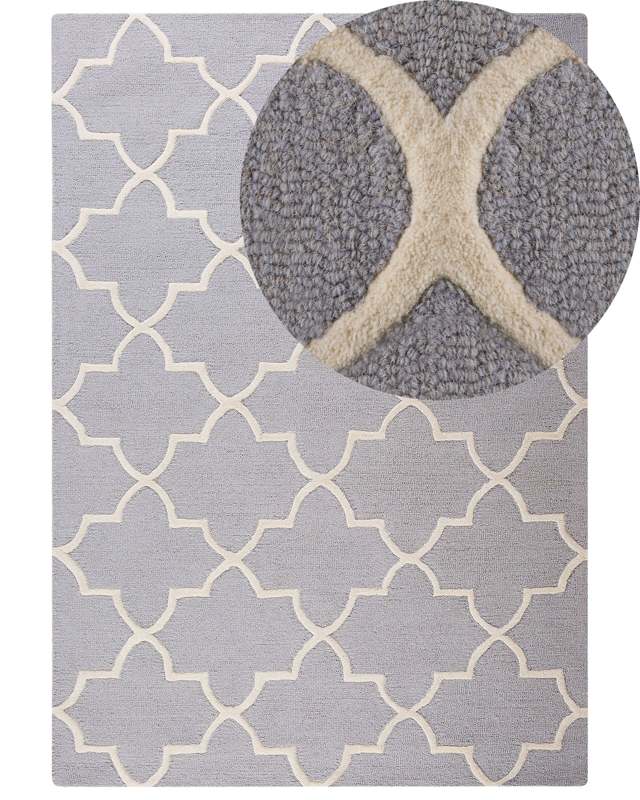 Rug Grey Wool 160 x 230 cm Trellis Quatrefoil Pattern Hand Tufted Oriental Moroccan Clover Beliani