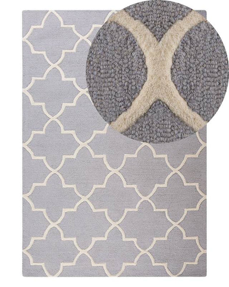 Rug Grey Wool 140 x 200 cm Trellis Quatrefoil Pattern Hand Tufted Oriental Moroccan Clover Beliani