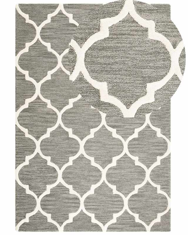 Rug Grey Wool 140 x 200 cm Trellis Quatrefoil Pattern Hand Tufted Oriental Moroccan Clover Beliani