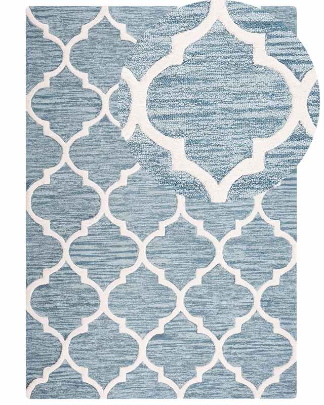 Rug Blue Wool 140 x 200 cm Trellis Quatrefoil Pattern Hand Tufted Oriental Moroccan Clover Beliani