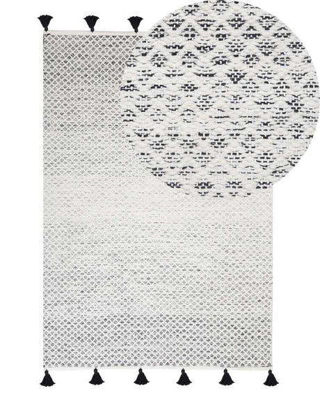 Rug Black and White Wool Cotton Blend 140 x 200 cm Hand Woven Flat Weave with Tassels Beliani