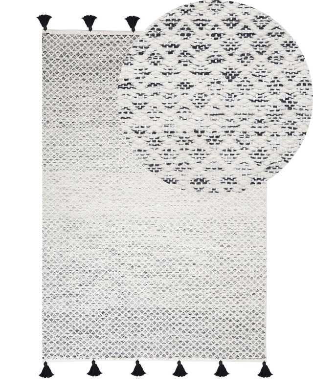 Rug Black and White Wool Cotton Blend 140 x 200 cm Hand Woven Flat Weave with Tassels Beliani