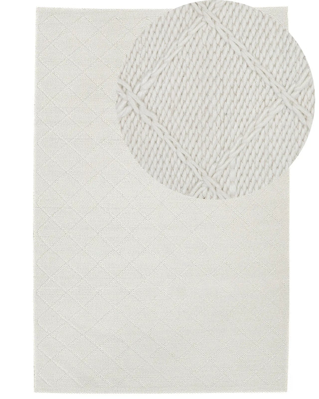 Area Rug Off-White Wool with Cotton 140 x 200 cm Rectangular Hand Woven Geometric Pattern Boho Beliani