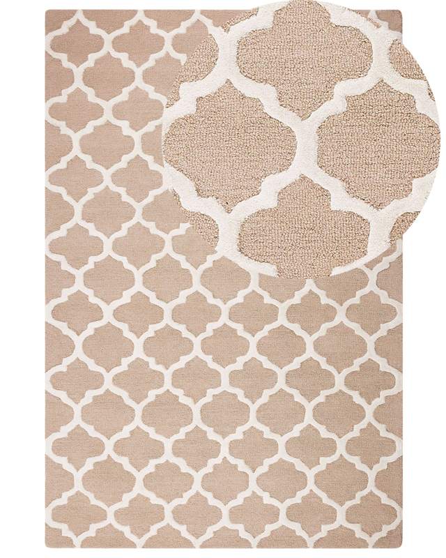 Rug Beige Wool 160 x 230 cm Trellis Quatrefoil Pattern Hand Tufted Oriental Moroccan Clover Beliani