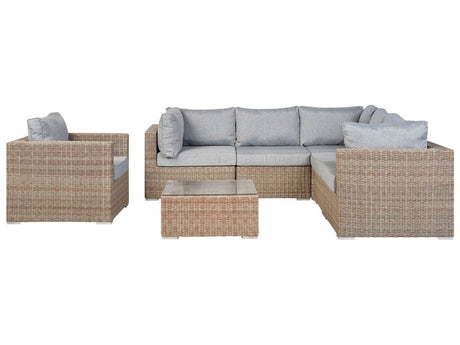 Garden Lounge Set Brown PE Rattan Corner Sofa Armchair Coffee Table Grey Cushions Beliani