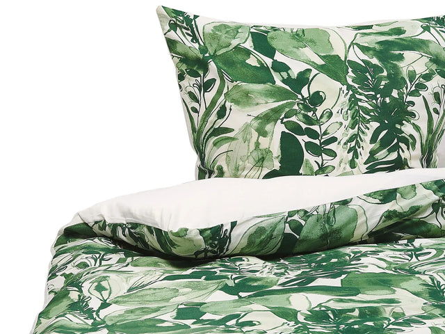Duvet Cover and Pillowcase Set Green and White Cotton Blend 155 x 220 cm Leaf Print Modern Boho Bedroom Beliani