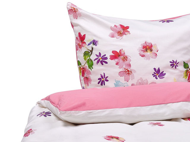 Duvet Cover and Pillowcase Set White and Pink 135 x 200 cm Cotton Flower Print Modern Bedroom Beliani