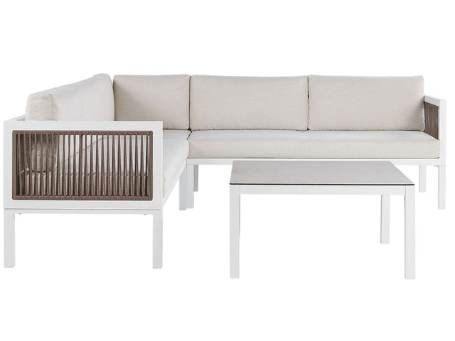 4-Seater Lounge Set with Coffee Table White and Brown Aluminium 4 Seater with Cushions Modern Beliani