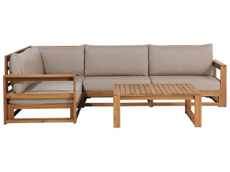 Corner Sofa Garden Modular Set Light Acacia Wood Taupe Cushions Modern Outdoor 5 Seater with Coffee Table Beliani