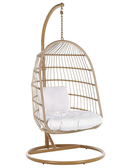 Swing Egg Chair Beige Rope Steel Stand Soft Sitting Cushion Boho Rustic Living Room Terrace Beliani