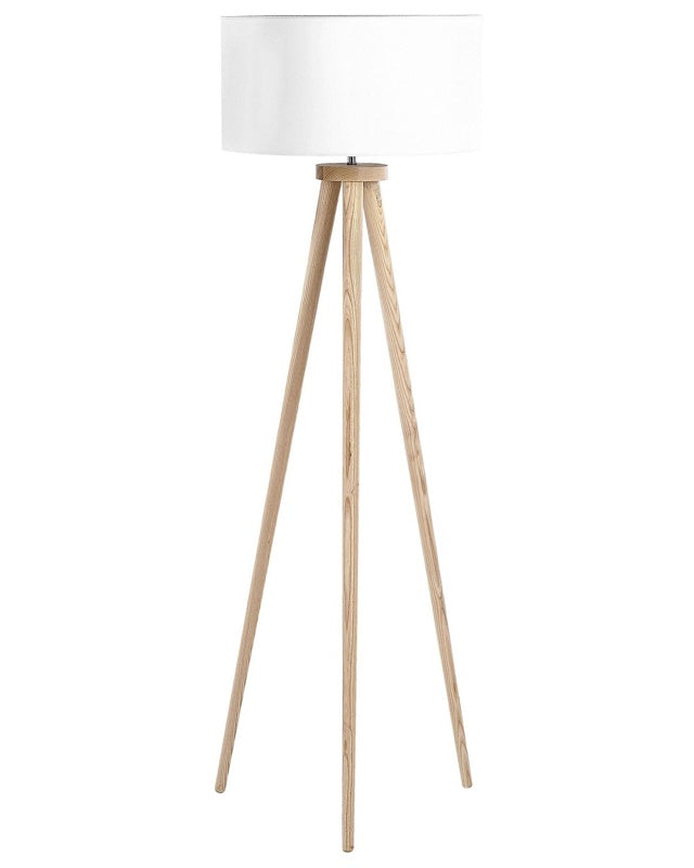 Floor Lamp White with Light Wooden Frame 140 cm Fabric Drum Shade Tripod Modern Design Beliani