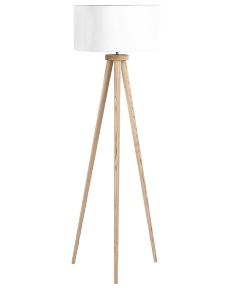 Floor Lamp White with Light Wooden Frame 140 cm Fabric Drum Shade Tripod Modern Design Beliani