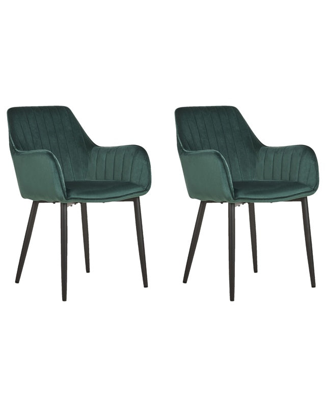 Set of 2 Dining Chairs Green Velvet Armrests Black Metal Legs Retro Glam Beliani