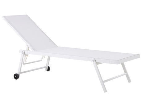 Garden Sun Lounger White Synthetic Seat Aluminium Frame 198 x 61 cm Adjustable Reclining Backrest with Castors Patio  Beliani