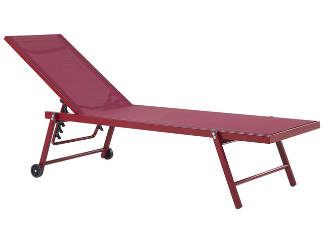 Garden Sun Lounger Red Synthetic Seat Aluminium Frame 198 x 61 cm Adjustable Reclining Backrest with Castors Patio  Beliani