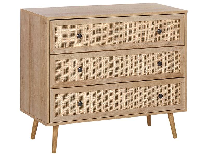 Rattan 3 Drawer Chest Wicker Front 90 x 79 cm Light Wood Pine Legs Ponca Beliani