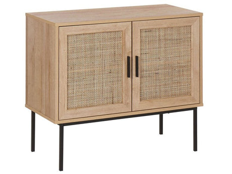 2 Door Sideboard Light Wood Natural Rattan Front 72 x 80 cm Metal Leg Boho Style Wicker Cabinet Beliani