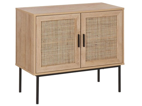 2 Door Sideboard Light Wood Natural Rattan Front 72 x 80 cm Metal Leg Boho Style Wicker Cabinet Beliani