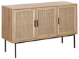 3 Door Sideboard Light Wood Natural Rattan Front 76 x 120 cm Metal Leg Boho Style Wicker Cabinet Beliani