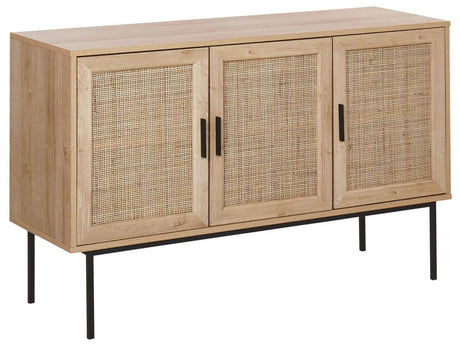 3 Door Sideboard Light Wood Natural Rattan Front 76 x 120 cm Metal Leg Boho Style Wicker Cabinet Beliani