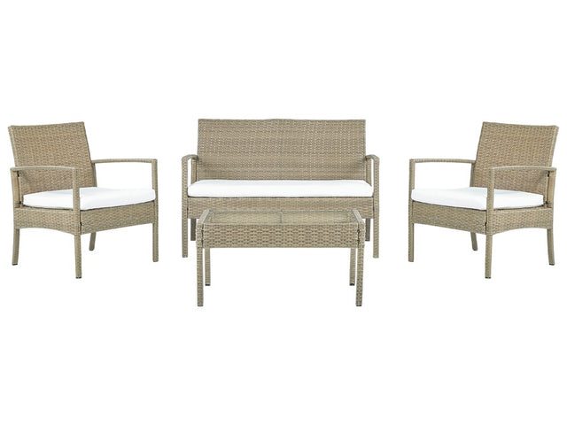 Garden Sofa Set Brown Faux Rattan with White Cushions with Coffee Table 4 Seater  Beliani