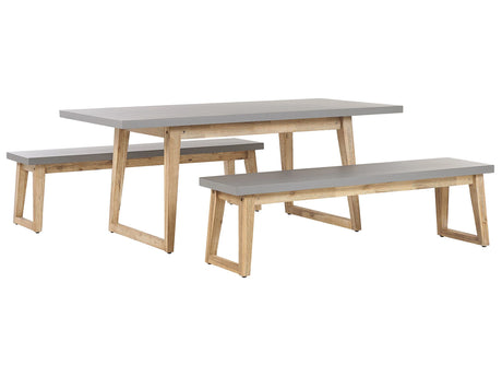 Outdoor Dining Set Grey Fibre Cement Light Acacia Wood 6 People Table 2 Benches Modern Design Beliani