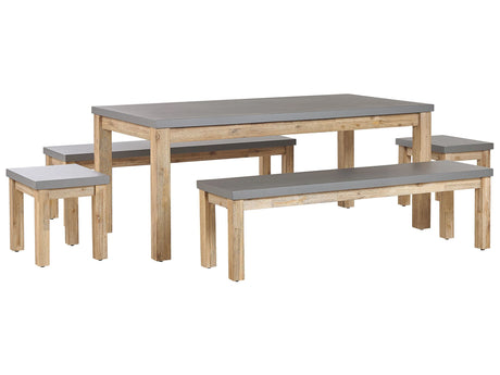 Outdoor Dining Set Grey Fibre Cement Light Acacia Wood 8 Seater Table 2 Benches 2 Stools Modern Industrial Design Beliani