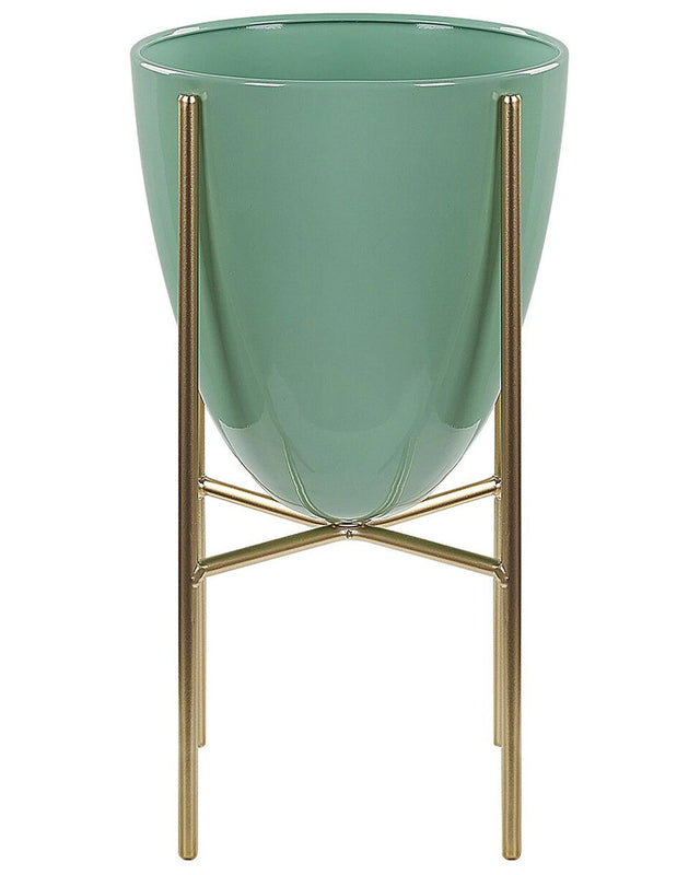 Plant Stand Green with Gold Iron 16 x 16 x 31 cm Indoor Outdoor Metal Flower Pot UV Resistant Modern Industrial Standing Planter Beliani