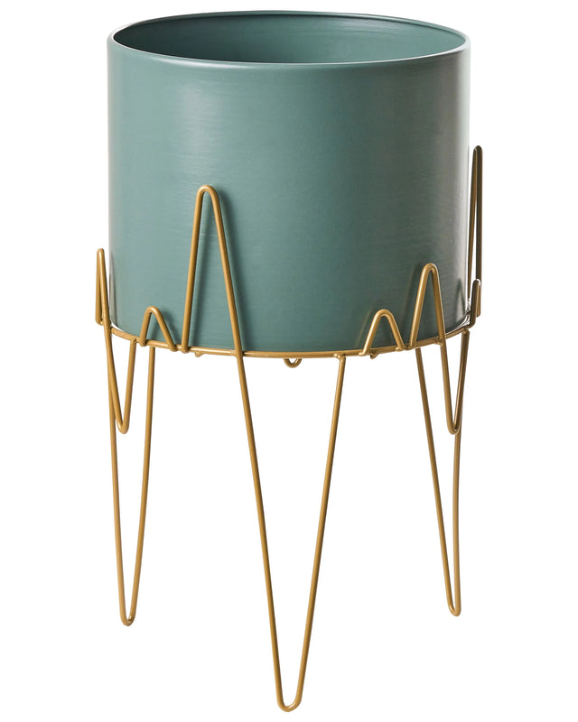 Plant Stand Green with Gold Iron 28 x 28 x 50 cm Indoor Outdoor Metal Flower Pot UV Resistant Modern Industrial Standing Planter Beliani
